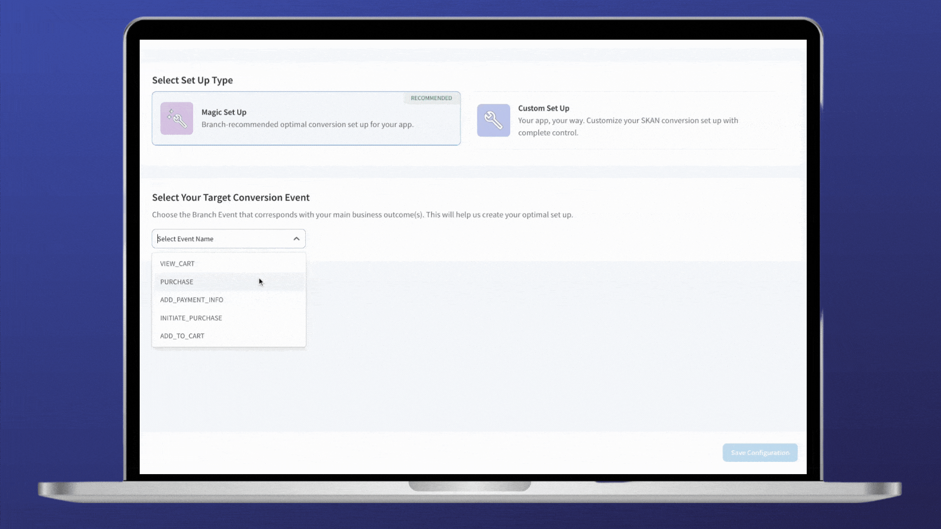 Video of a Branch Dashboard screen showing a user selecting the "Magic Set Up" type. After selecting "Magic Set Up," the user selects "Purchase" as their target conversion event.