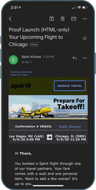 screenshot of Spirit Airlines website, featuring deep linking into the Spirit app