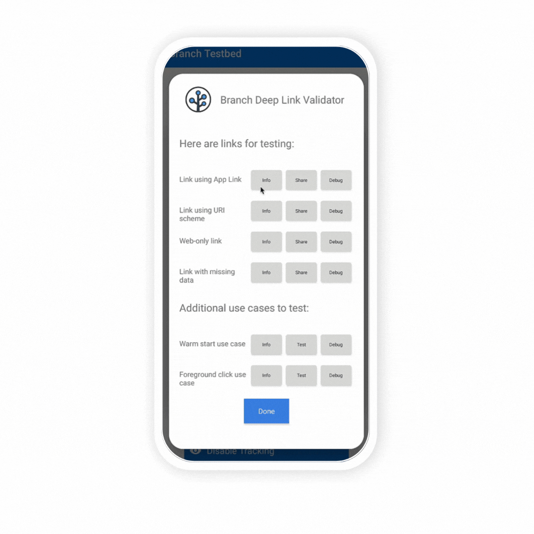 A gif showing the functionality of the Debug, Info, and Share buttons being clicked