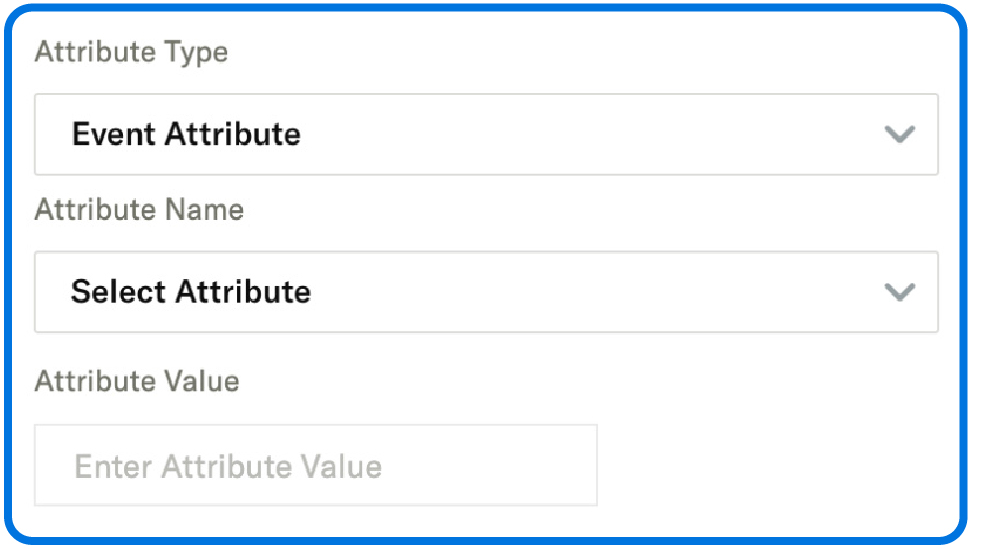 Under an 'Attribute Type' heading, 'Event Attribute' is selected from a dropdown. Under an 'Attribute Name' heading, 'Select Attribute' is selected from a dropdown. Under an 'Attribute Value' heading, there's a text box that reads 'Enter Attribute Value.'