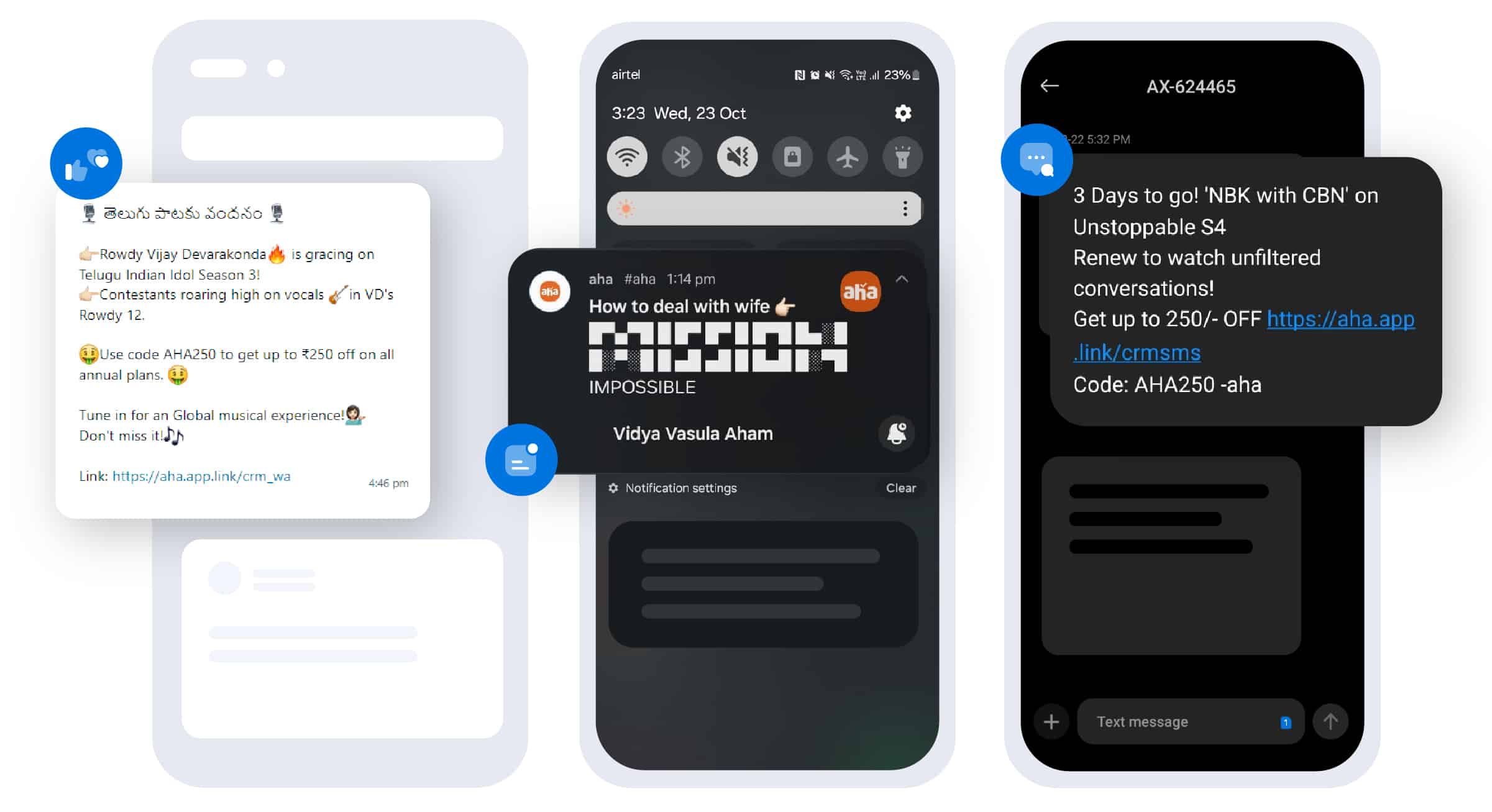 Three screenshots of Aha Quick Links across various channels.