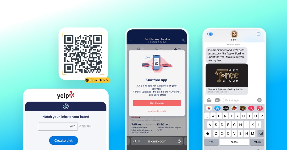 Collage of deep linking techniques, phones and QR codes