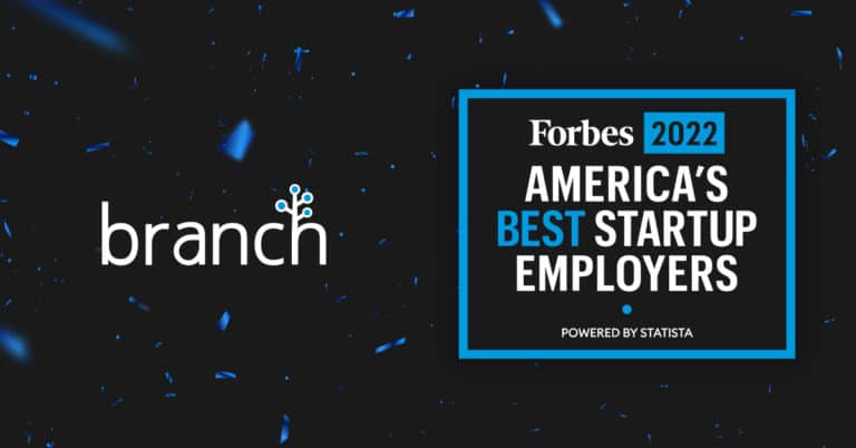 Logo of "branch" with a Forbes 2022 America's Best Startup Employers badge on a dark background with blue confetti.