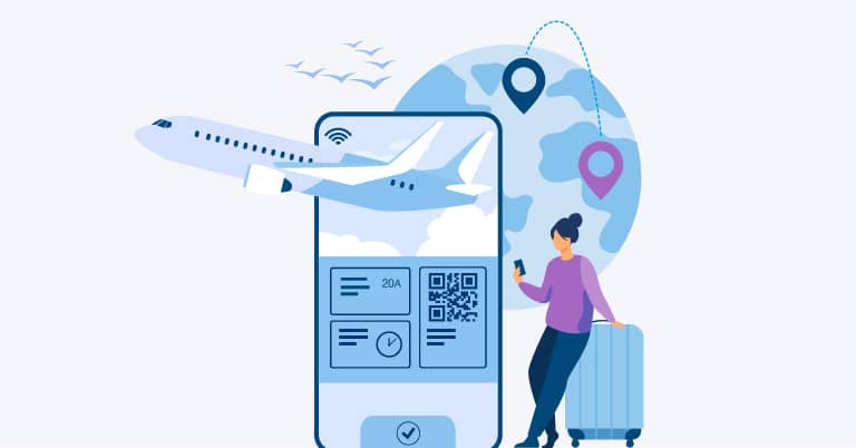 woman with luggage using mobile boarding pass, airplane, and location icons on a world map background.