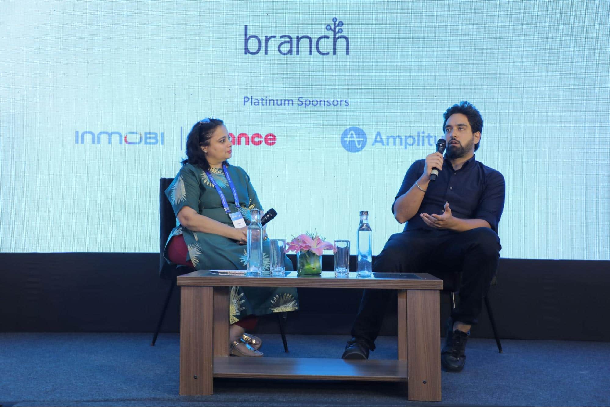 Photo of Jesika Dalal and Jaskaran Singh on stage at Leaders in Mobile Growth New Delhi.