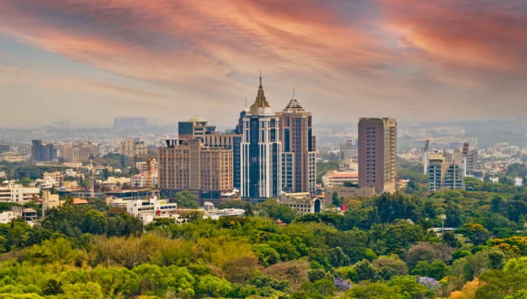 City skyline with modern buildings against a vibrant sunset sky and foreground greenery.