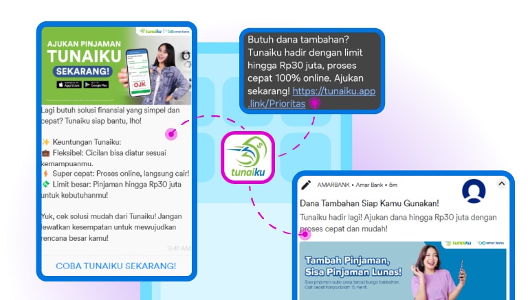 Image showing three examples of Branch Quick Links used in Tunaiku messaging on WhatsApp, SMS, and push notification.