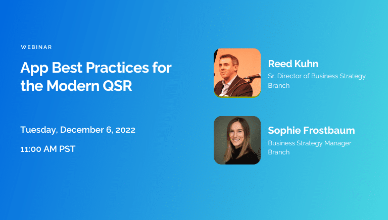 Webinar announcement graphic for "App Best Practices for the Modern QSR" featuring speakers and date.
