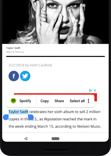Mobile screen showing a black-and-white Taylor Swift photo above an article mentioning her Reputation album milestone, with text selection options like Spotify, Copy, and Share visible.