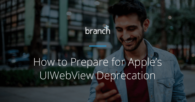 Text overlay on image about preparing for Apple's UIWebView Deprecation with "branch" logo on top.