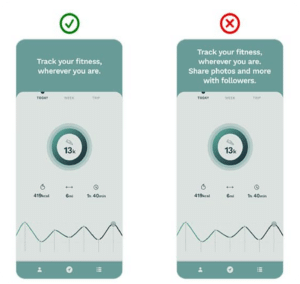 2 images of the same "Today" tab campaigns. The approved campaign reads: "Track your fitness, wherever you are." (fewer than 50 characters = approved) The unapproved campaign reads: "Track your fitness, wherever you are. Share photos and more with followers." (more than 50 characters = not approved)
