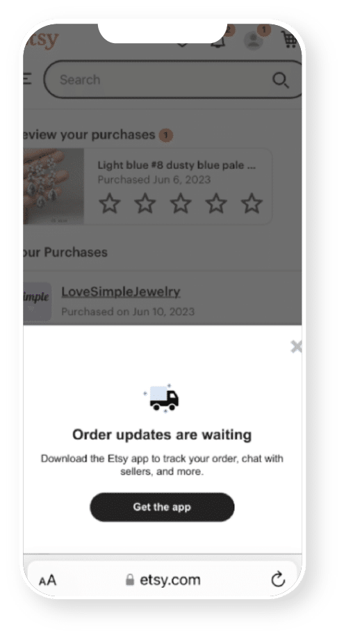 A smartphone shows a bottom half-page banner for Etsy with text that says "Order updates are waiting: Download the Etsy app to track your order, chat with sellers, and more" and a button that says "Get the app."