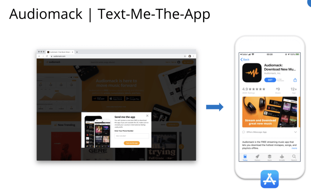 Audiomack Text-Me-The-App flow showing website prompt to enter phone number for app link, leading to App Store download page