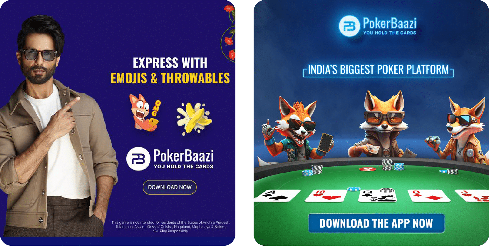 Examples of PokerBaazi ads with CTA buttons to download the app.