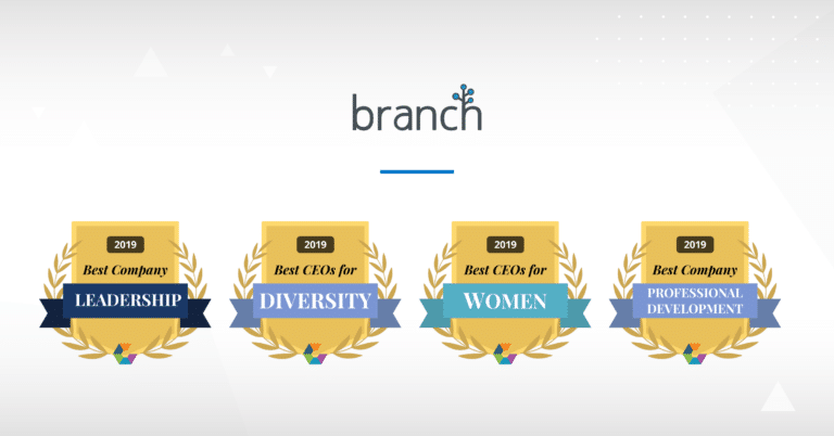 Four award badges for "Best Company" and "Best CEOs" for leadership, diversity, women, and development, with "branch" logo above.