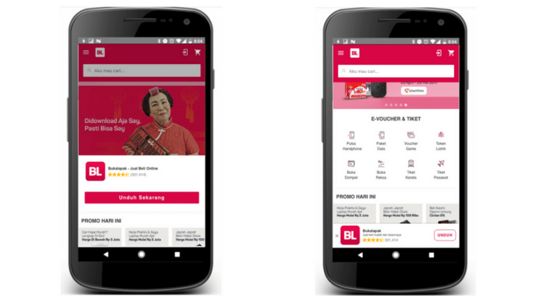 Two smartphone screens displaying the Bukalapak app homepage, featuring promotional offers and various e-voucher options.