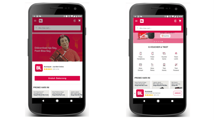 Two smartphone screens display the Bukalapak app, featuring a vibrant pink interface with promotional content and e-voucher options.
