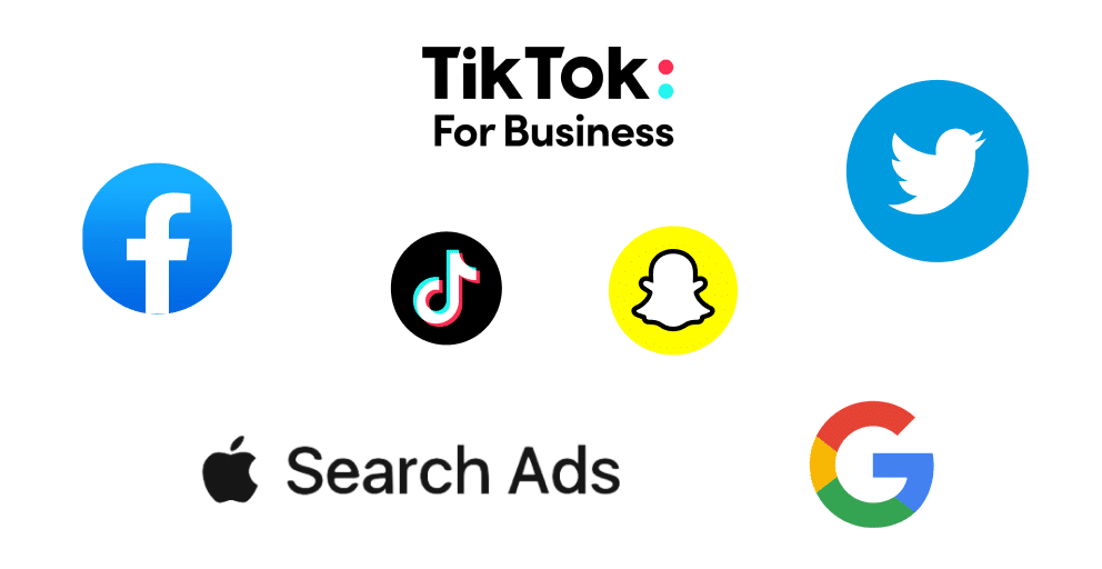 Image of logos for a variety of locations you may run campaigns: TikTok For Business TikTok Facebook Snapchat Twitter App Store Google Play
