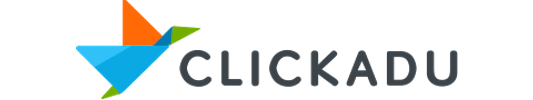 Logo of Clickadu with colorful abstract kite design above the brand name.