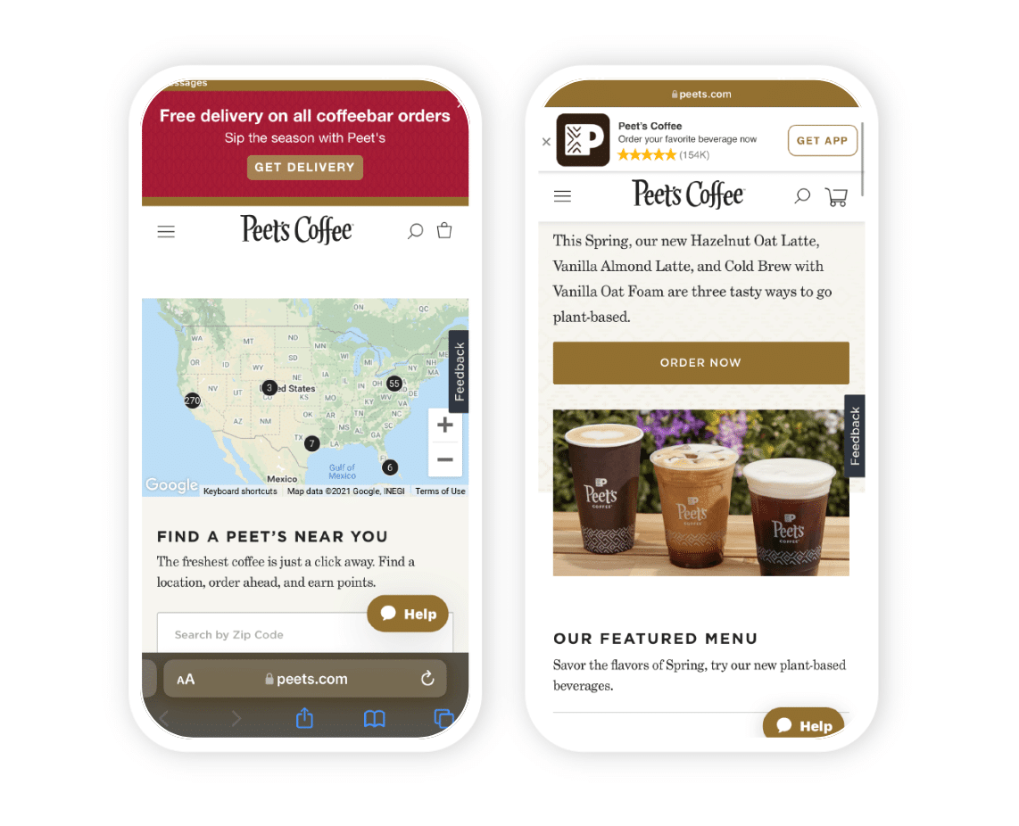 Two images of Branch Journeys banners. Image 1: Peet's mobile website with a banner, "Free delivery on all coffeebar orders" and a CTA to "Get Delivery." Image 2: Peet's mobile website with a "Get app" smart banner.