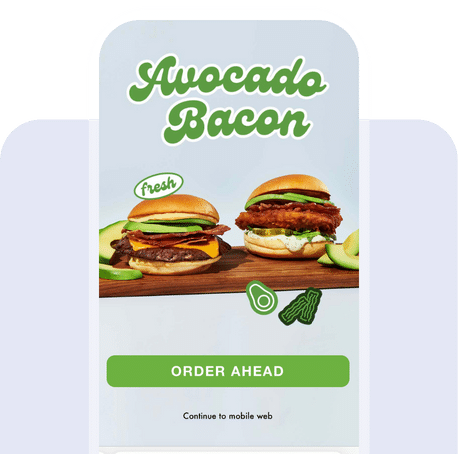 Screenshot of an app screen in the Shake Shack mobile app showing an avocado bacon burger.