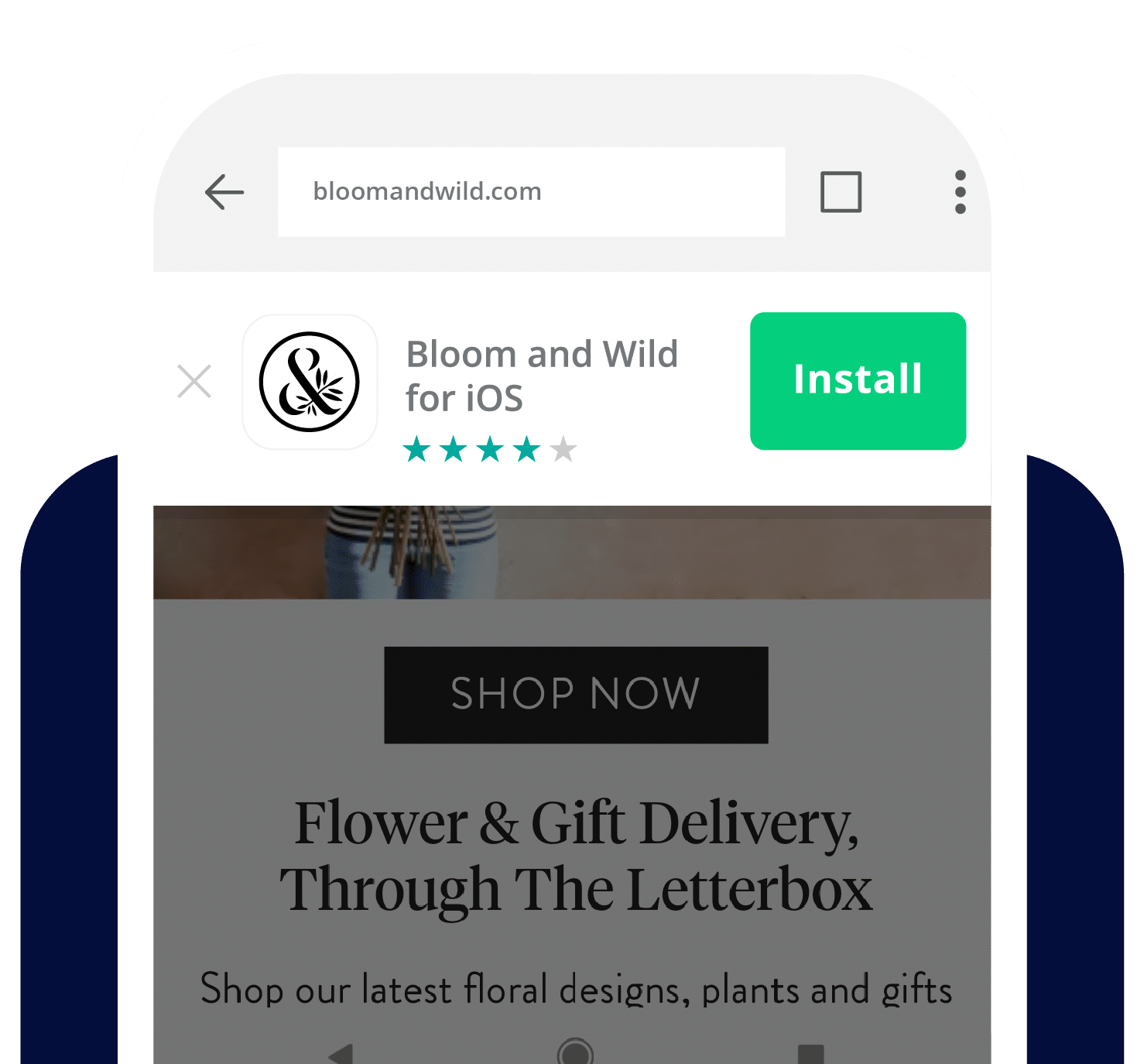 A smartphone displays the Bloom and Wild website, showcasing flower delivery services with an option to install the iOS app.