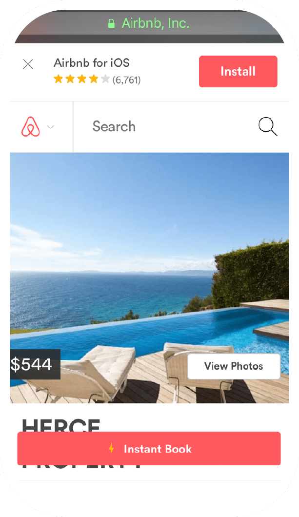 Screenshot of a smart banner on the Airbnb mobile website: "Airbnb for iOS. Install"