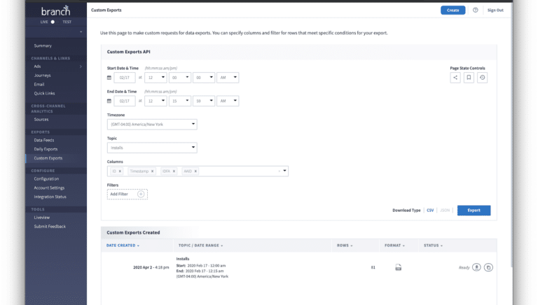 Screenshot of the Branch Dashboard's Custom Exports page, showing options for data export configuration, filters, and export status.