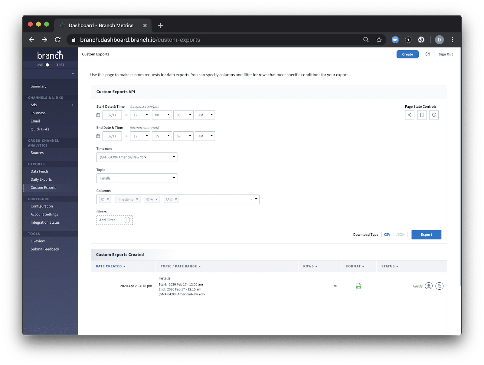 Screenshot of the Branch Dashboard's Custom Exports page, showing options for data export configuration, filters, and export status.