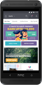 Mobile app screen displaying referral program with earning details, promotions for monsoon shopping, and user-friendly navigation options.