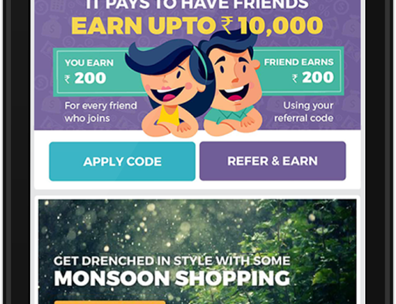 Mobile app screen displaying referral program with earning details, promotions for monsoon shopping, and user-friendly navigation options.