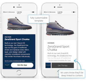 Two phone screens showing customizable ad templates for Cole Haan ZeroGrand Sport Chukka shoes, each with 'Get the App' button and product details
