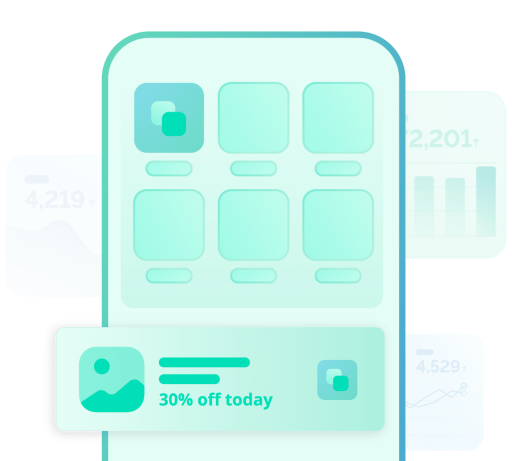 A smartphone interface featuring a promotion for 30% off, alongside various graphs and statistics.