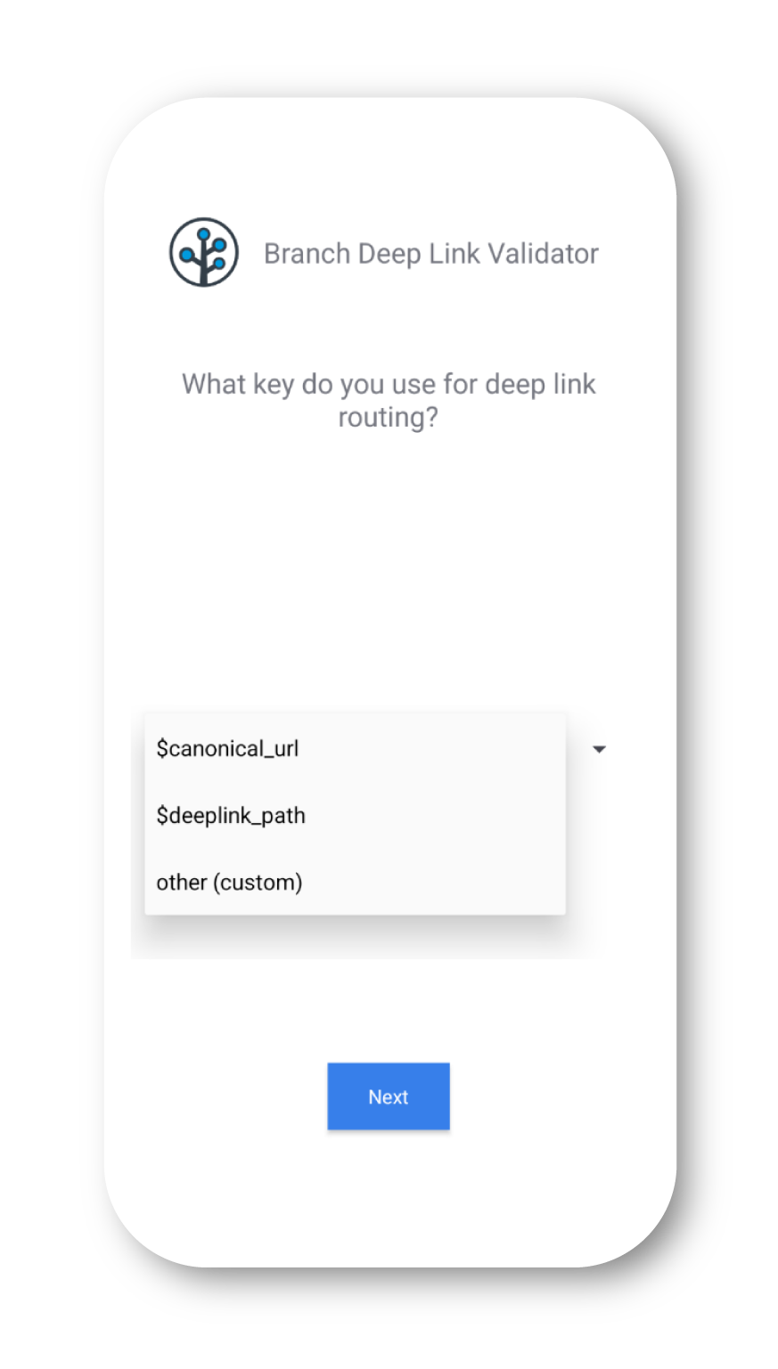 Screenshot of the three options that display under the question, "What key do you use for deep link routing?"