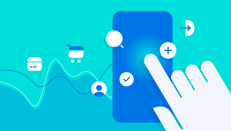 A hand interacts with a smartphone, surrounded by icons representing shopping, user profiles, and notifications on a vibrant background.