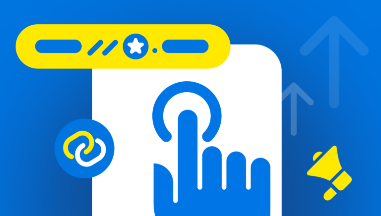 A hand pressing a circular button on a smartphone interface, surrounded by colorful icons and upward arrows on a blue background.