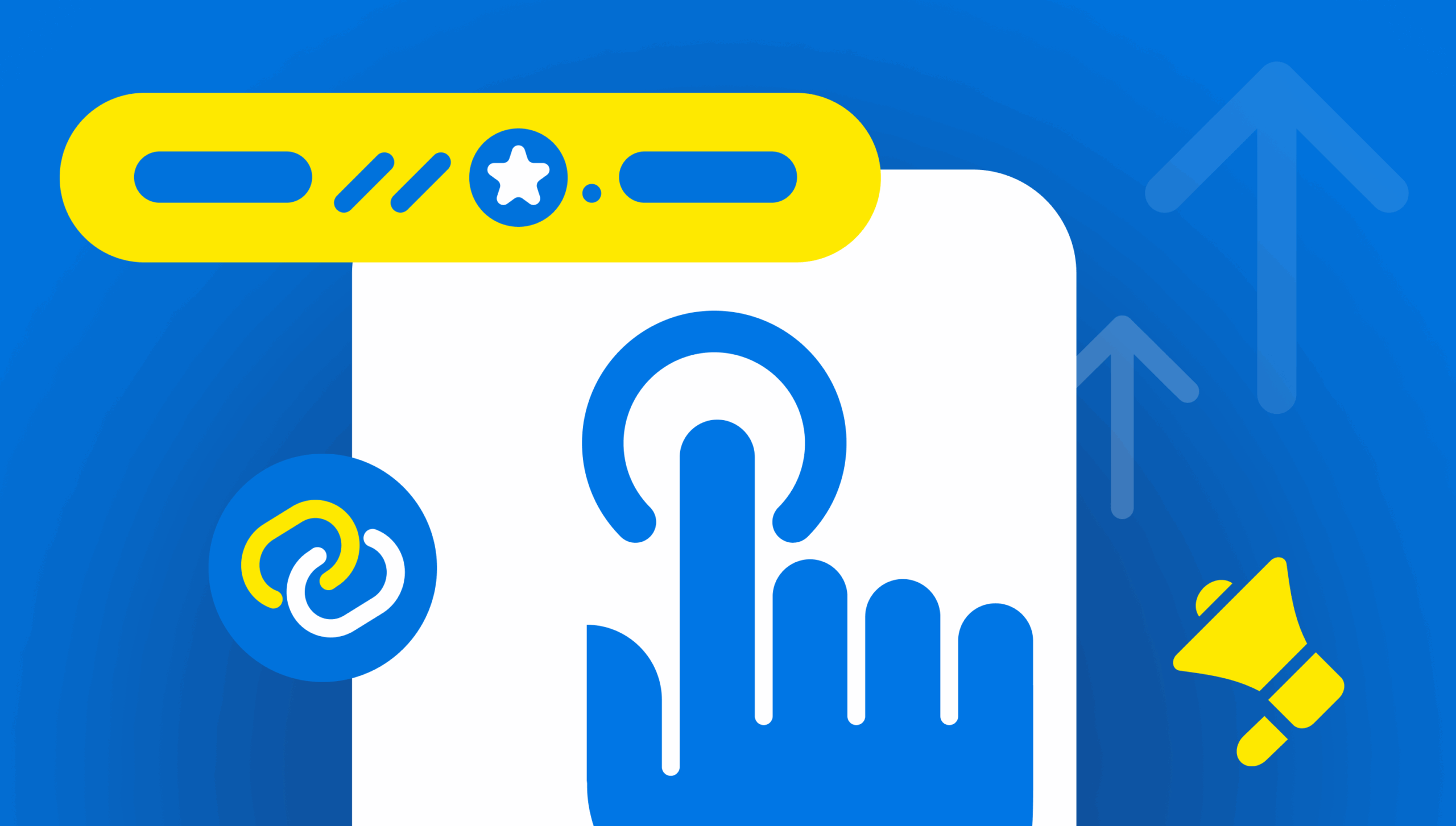 A hand pressing a circular button on a smartphone interface, surrounded by colorful icons and upward arrows on a blue background.