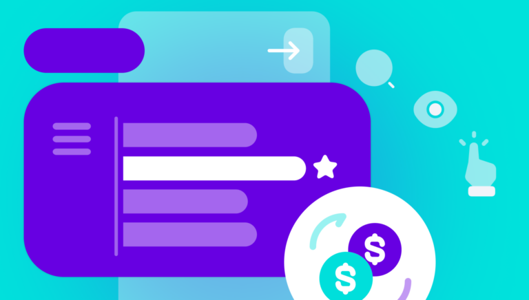 Abstract graphic depicting a digital interface with a progress bar, thumbs up icon, and dollar symbols on a turquoise background.