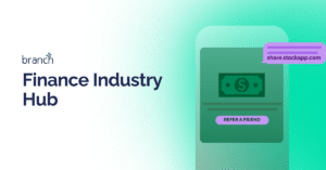 Illustration promoting Branch's Finance Industry Hub, featuring a wallet graphic and a “Refer a Friend” button.