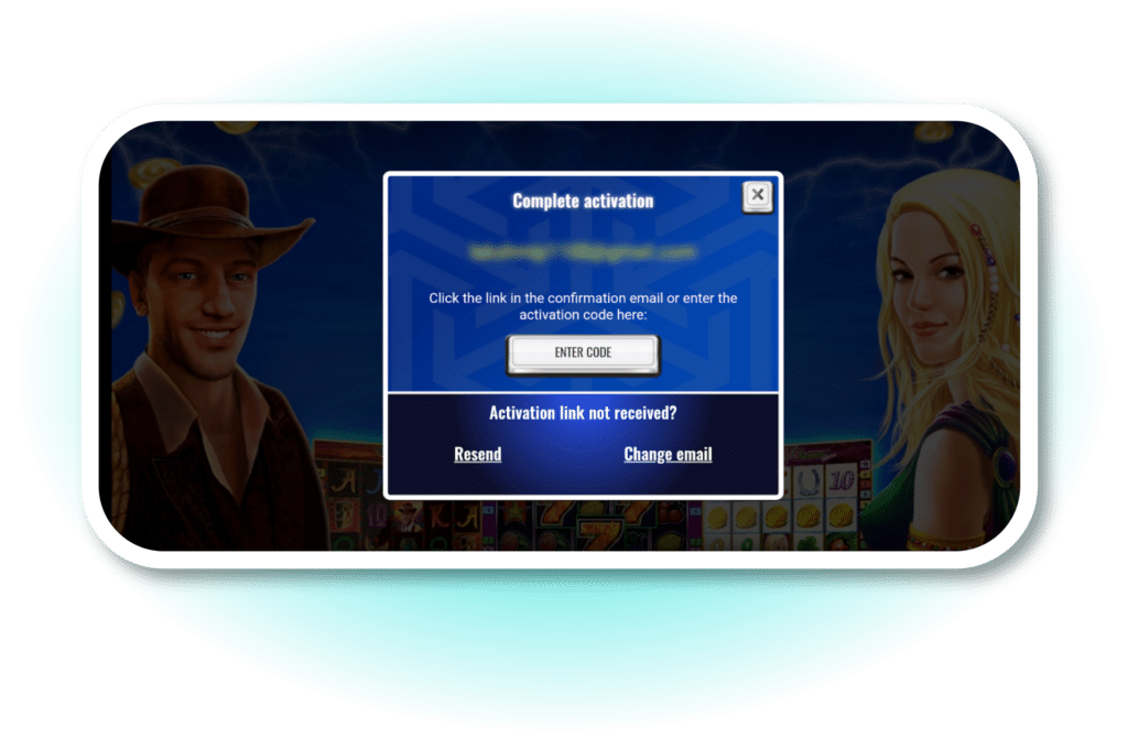 Mobile screen showing a 'Complete activation' pop-up with an option to enter code, resend activation link, or change email