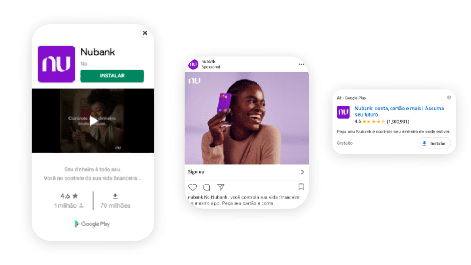 Three images of Nubank app install ad forms on different formats.