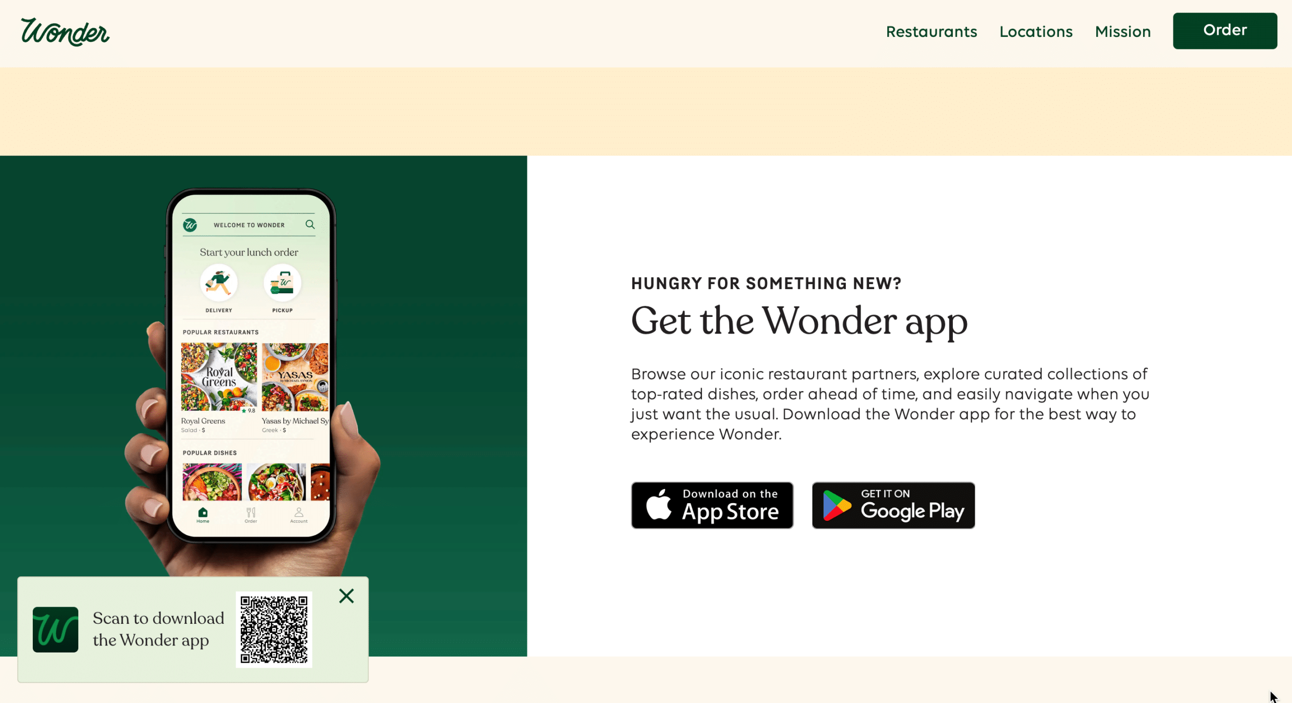 Screenshot of a Desktop Banner on Wonder.com. Call to action reads: "Hungry for something new? Get the Wonder app." Images shows a QR code beside text: "Scan to download the Wonder app."