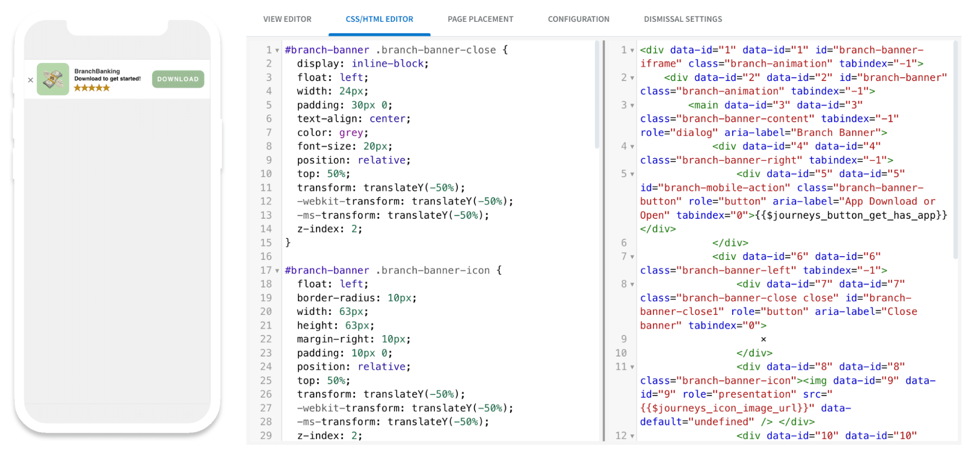 Screenshot of the Branch CSS/HTML editor.