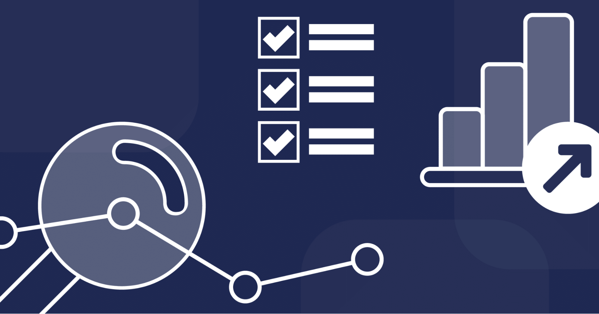 A stylized graphic with checklists, line graphs, and a bar chart, representing data analysis or project management.