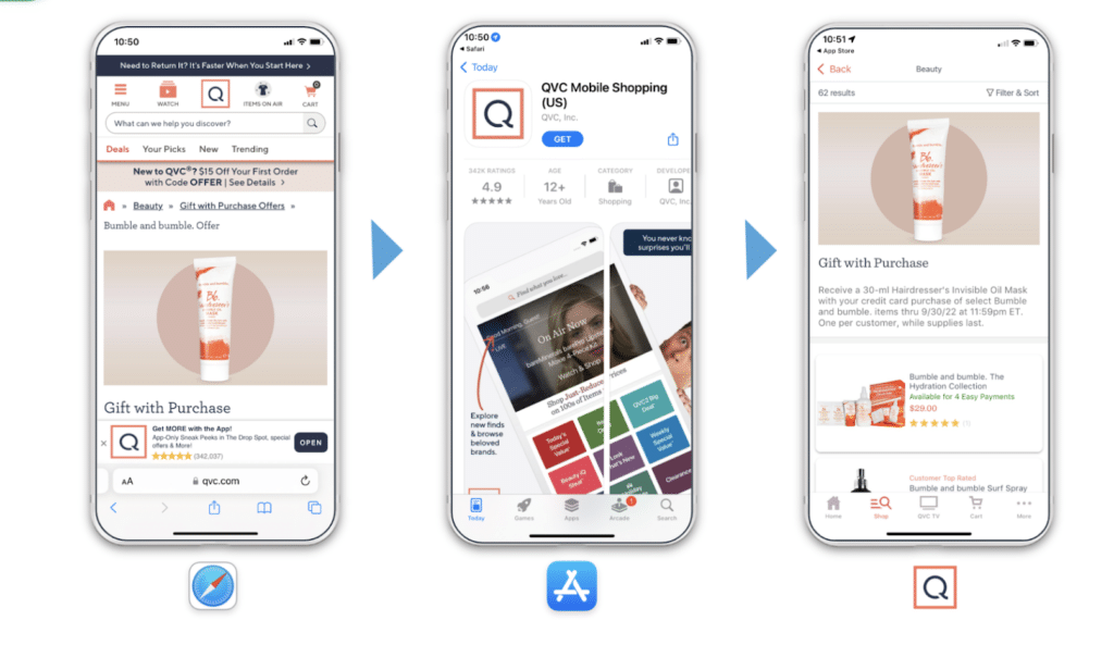 Image showing how deferred deep links take mobile web users directly to the QVC app for a free gift with purchase.