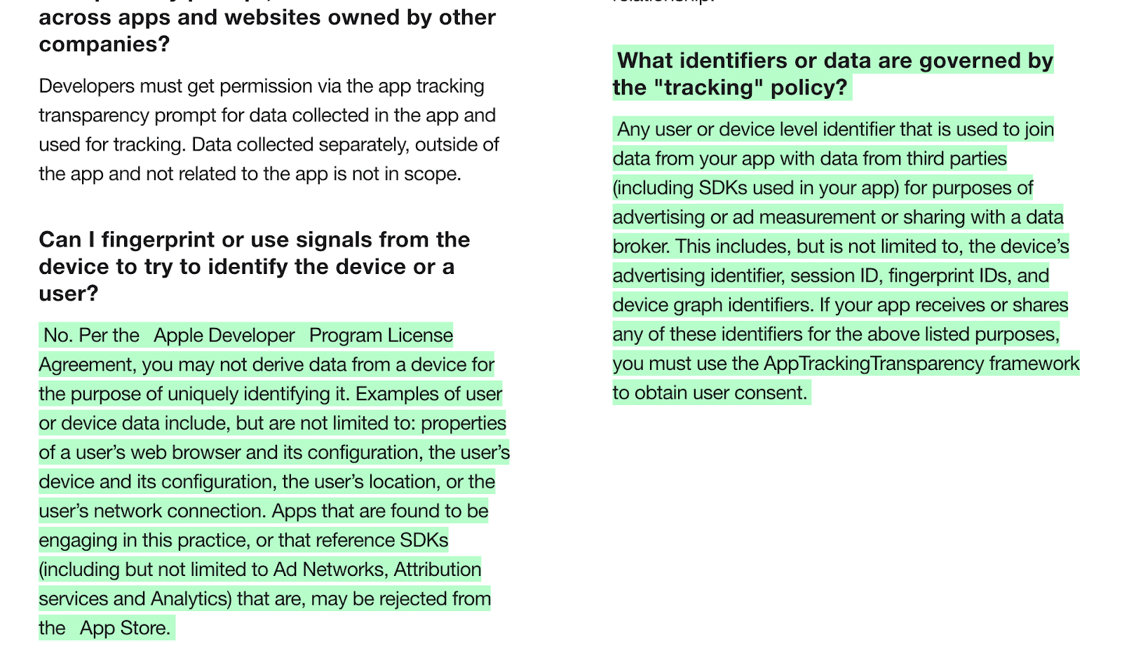 An excerpt from a Q&A document discussing app tracking transparency and device fingerprinting policies.