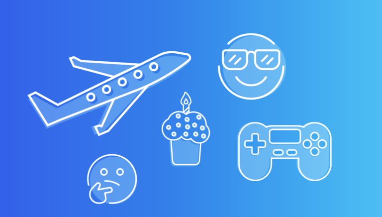A blue background featuring icons of a plane, cake, cupcake, and game controller, creating a playful and festive atmosphere