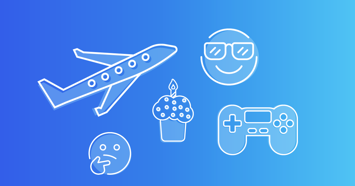 A blue background featuring icons of a plane, cake, cupcake, and game controller, creating a playful and festive atmosphere