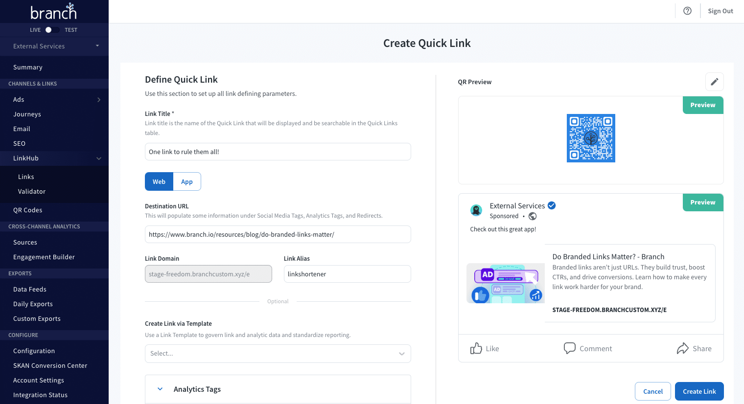 Branch dashboard showing 'Create Quick Link' setup with link title, destination URL, link alias, QR code preview, and social preview