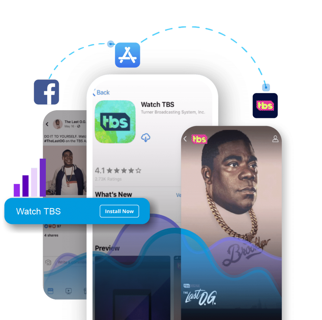 Graphic of TBS app with ratings and 